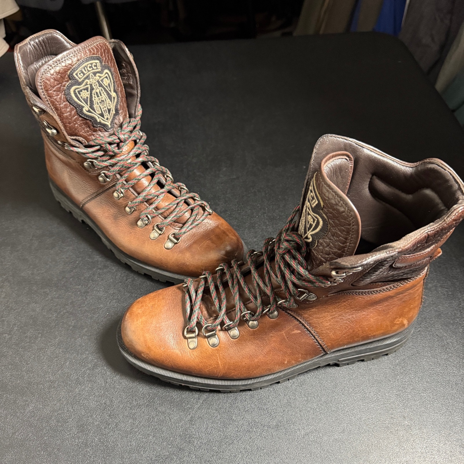 Gucci Crest Brown Leather Hiking Boots Mens Size 8.5 181853 G